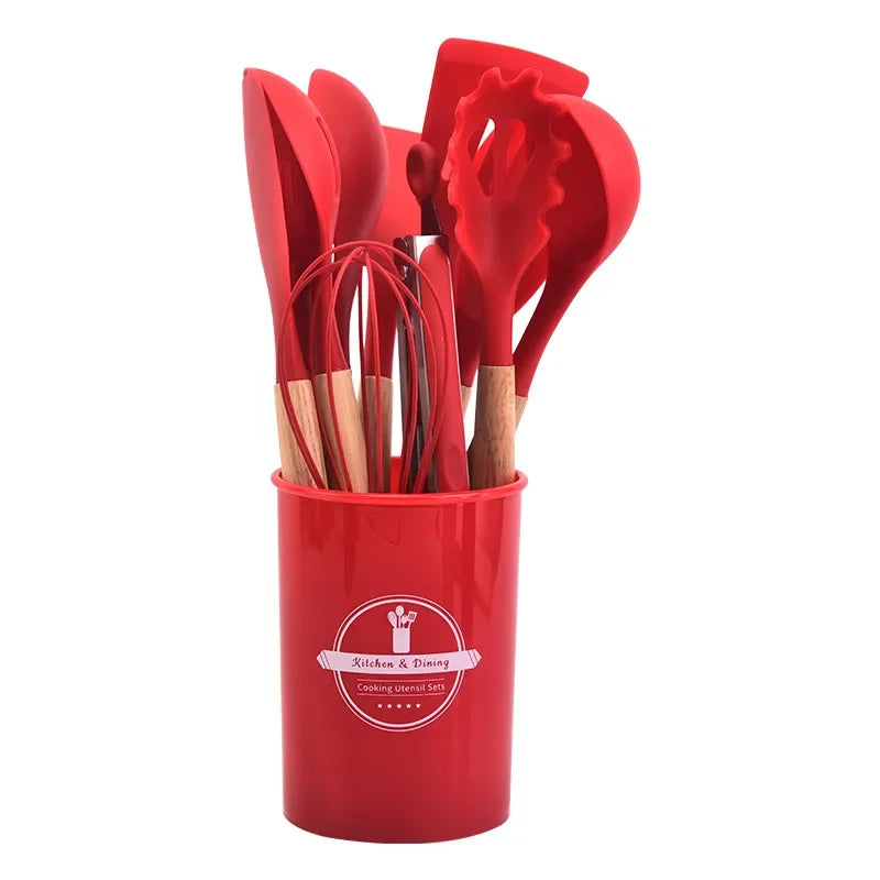 Utensílios De Cozinha De Silicone Com Alça De Madeira, Panela Antiaderente, Conjunto De Utensílios De Cozinha, Conjunto De Cozinha, Balde De Armazenamento, 12Pcs