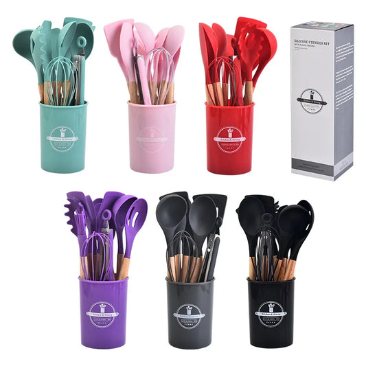 Utensílios De Cozinha De Silicone Com Alça De Madeira, Panela Antiaderente, Conjunto De Utensílios De Cozinha, Conjunto De Cozinha, Balde De Armazenamento, 12Pcs