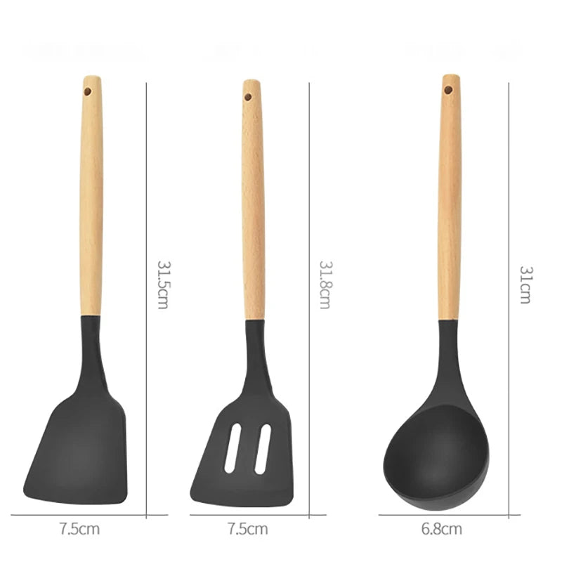 Utensílios De Cozinha De Silicone Com Alça De Madeira, Panela Antiaderente, Conjunto De Utensílios De Cozinha, Conjunto De Cozinha, Balde De Armazenamento, 12Pcs