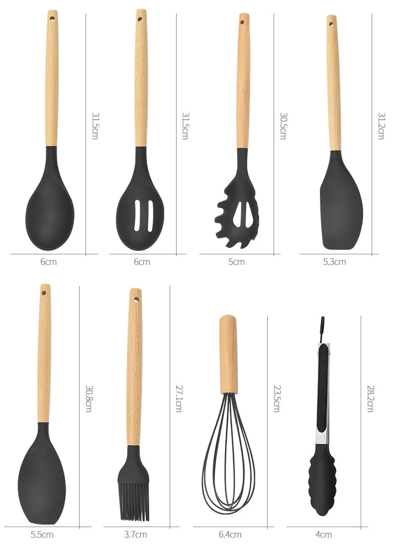 Utensílios De Cozinha De Silicone Com Alça De Madeira, Panela Antiaderente, Conjunto De Utensílios De Cozinha, Conjunto De Cozinha, Balde De Armazenamento, 12Pcs