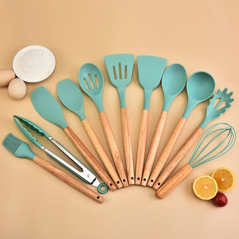 Utensílios De Cozinha De Silicone Com Alça De Madeira, Panela Antiaderente, Conjunto De Utensílios De Cozinha, Conjunto De Cozinha, Balde De Armazenamento, 12Pcs