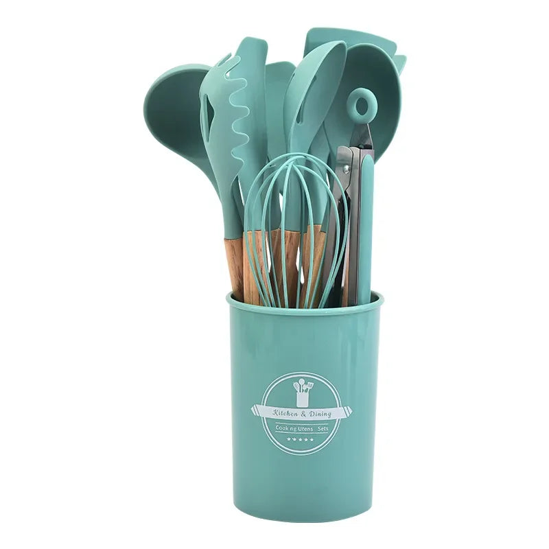 Utensílios De Cozinha De Silicone Com Alça De Madeira, Panela Antiaderente, Conjunto De Utensílios De Cozinha, Conjunto De Cozinha, Balde De Armazenamento, 12Pcs