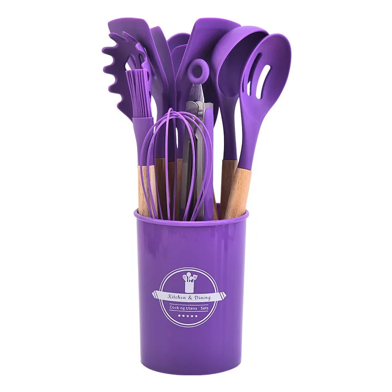 Utensílios De Cozinha De Silicone Com Alça De Madeira, Panela Antiaderente, Conjunto De Utensílios De Cozinha, Conjunto De Cozinha, Balde De Armazenamento, 12Pcs