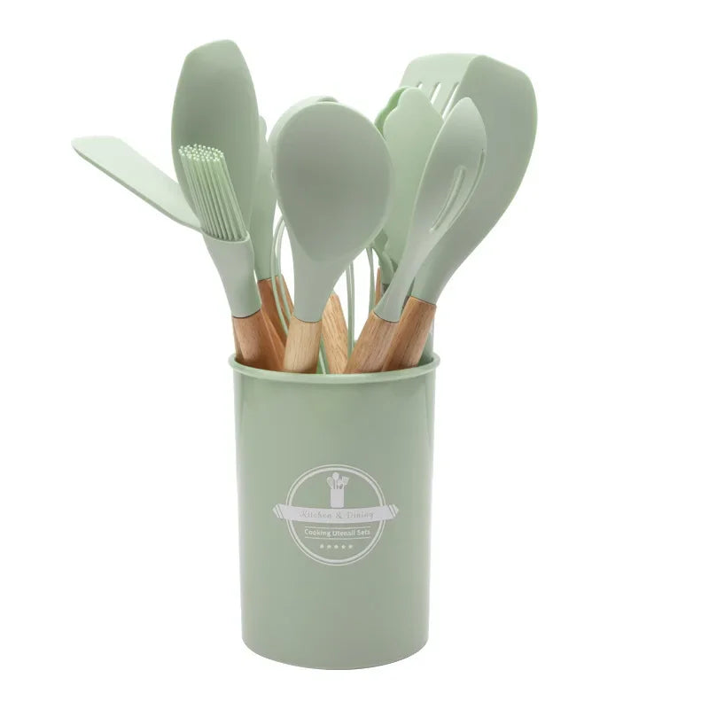 Utensílios De Cozinha De Silicone Com Alça De Madeira, Panela Antiaderente, Conjunto De Utensílios De Cozinha, Conjunto De Cozinha, Balde De Armazenamento, 12Pcs