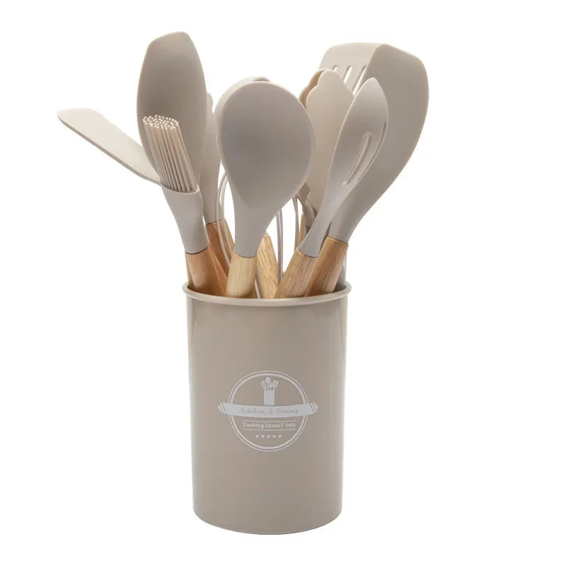 Utensílios De Cozinha De Silicone Com Alça De Madeira, Panela Antiaderente, Conjunto De Utensílios De Cozinha, Conjunto De Cozinha, Balde De Armazenamento, 12Pcs